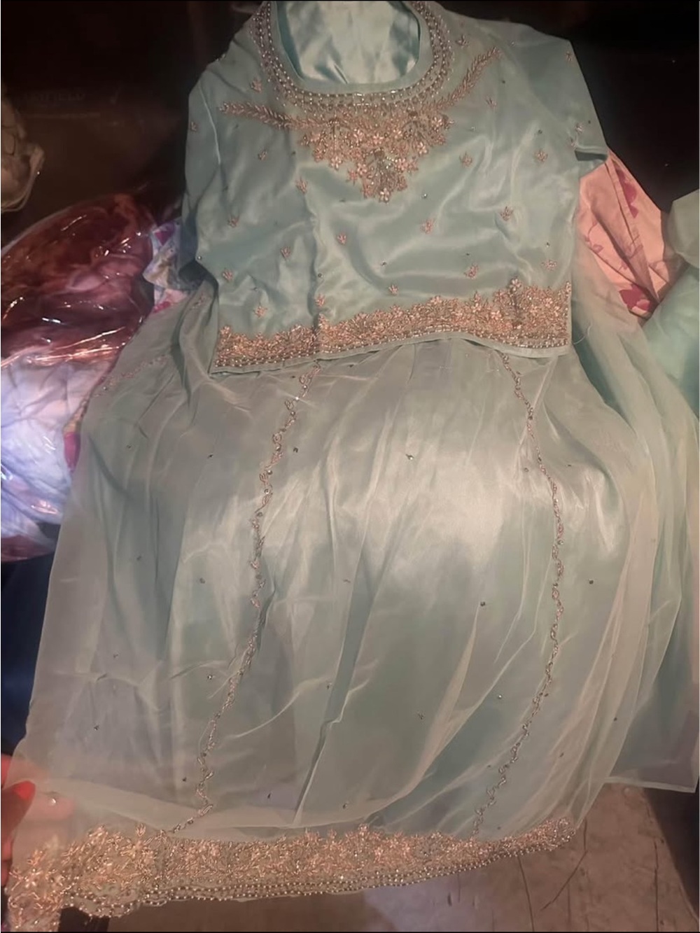 ladies dress two pce lehengha light green with gold embroidery party wear